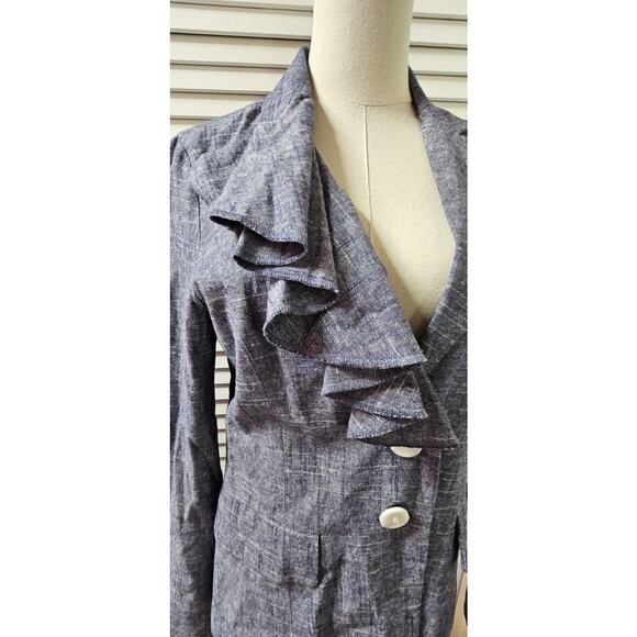 For Cynthia Chambray Denim‎ Linen Blend Lined Jacket Ruffle Detail Classy Small - Picture 2 of 5